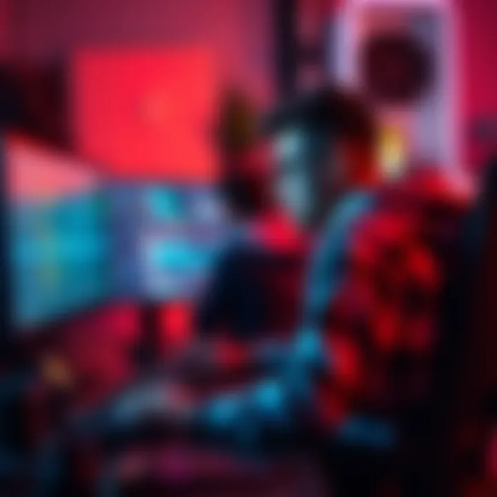 A game developer sits at a desk, looking at code on a computer screen, seeking help from others in a collaborative environment.