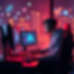 A game developer sits at a computer, coding a 2D game with the help of AI tools, surrounded by game design elements.