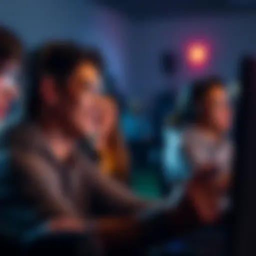 A game developer observes players enjoying their game, smiling and providing feedback.