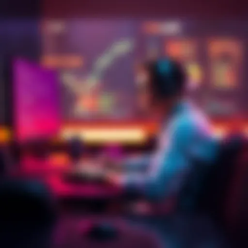 A game developer sits at a desk, reviewing feedback on localization for a video game, with a computer screen displaying code and design elements.