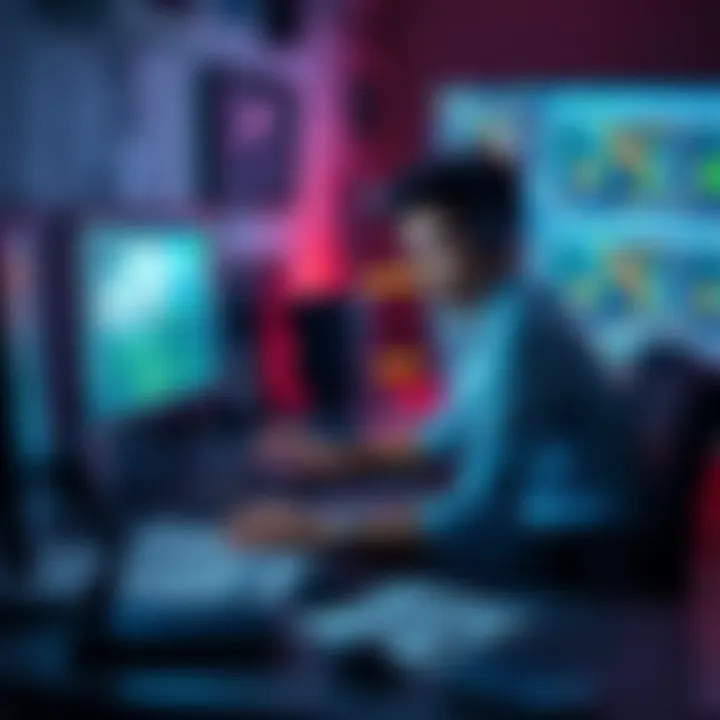 A focused person sitting at a desk, creating a video game on a computer, surrounded by game design sketches and coding notes.