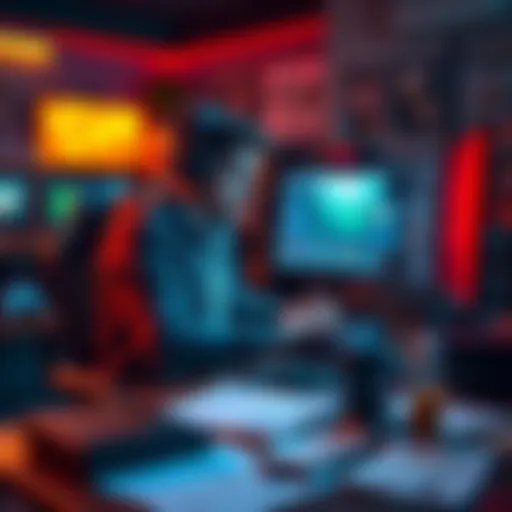 A focused game developer sitting at a desk, working on a computer with design sketches and game assets around, showcasing creativity and motivation in action.