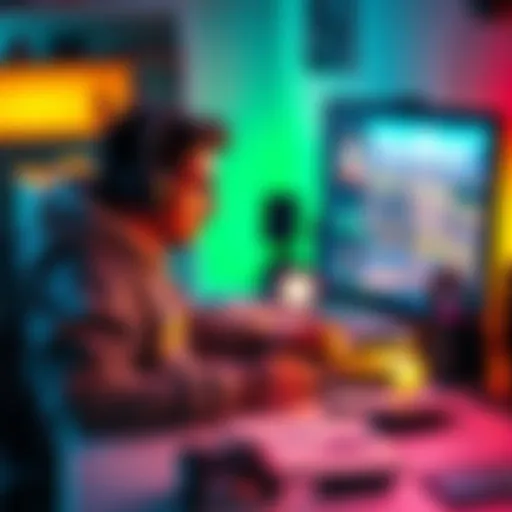 A small game developer sitting at a desk, focused on coding with a computer screen displaying game graphics, surrounded by design notes and sketches.