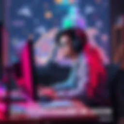 A young game developer sitting at a desk with a computer, focused on coding, surrounded by game design elements.