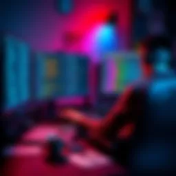 A game developer sitting at a desk, focused on a computer screen filled with lines of code, surrounded by notes and coffee