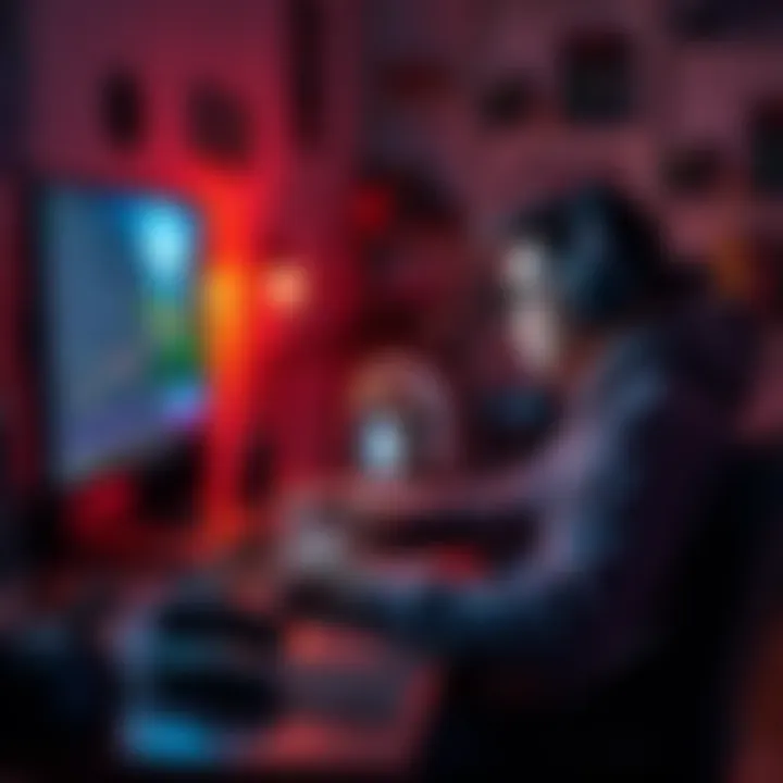 A game developer focused on coding at a desk with a computer and design tools, illustrating the challenge of financial stability in the gaming industry.