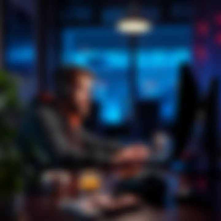 A game developer focused on their computer screen at 3 AM, surrounded by snacks and coffee, creating a video game