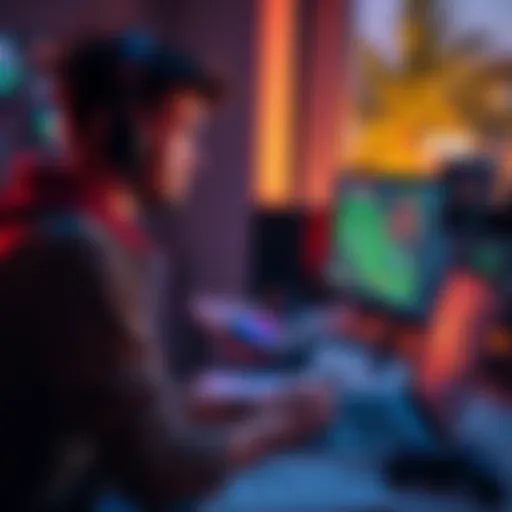 A person focused on coding a video game on their laptop, with game design sketches on the desk.