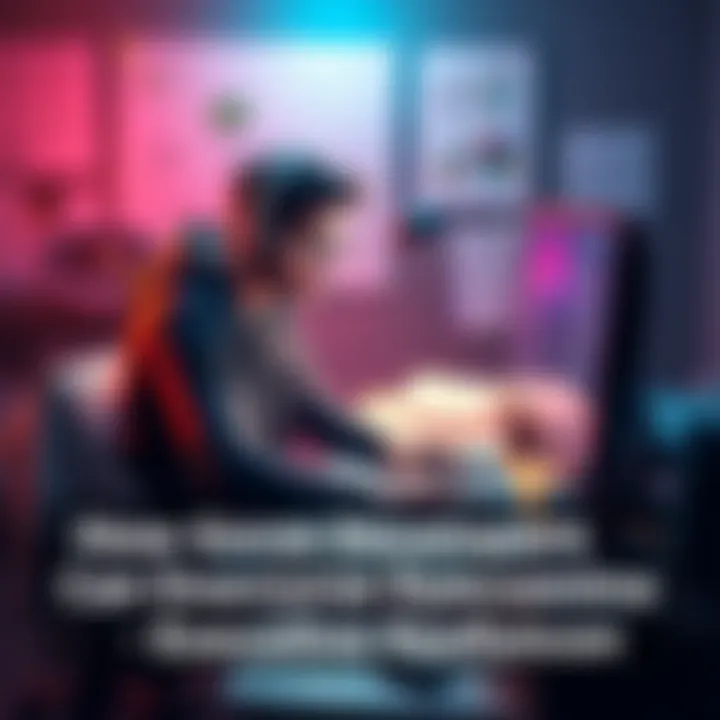 A focused game developer sits at a desk surrounded by sketches, code, and game design elements, working hard to complete their project.