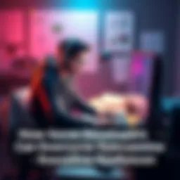 Game developer working on a project A focused game developer sits at a desk surrounded by sketches, code, and game design elements, working hard to complete their project.