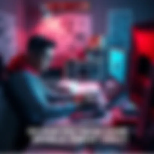 A game developer sits at a desk surrounded by sketches and code, focused on tackling complex game mechanics.