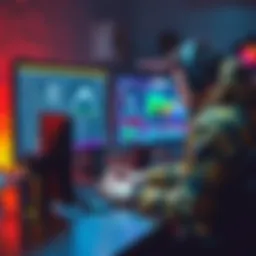 A game developer coding on a computer with game design software open, showcasing a mixed environment of coding and creative design.