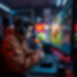A game developer focuses on coding and designing a game in a creative workspace with computer screens and game art.