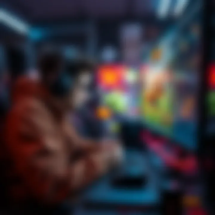 A game developer focuses on coding and designing a game in a creative workspace with computer screens and game art.