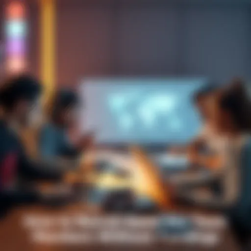 A group of diverse game developers discussing ideas around a table with laptops and sketches, focused on collaboration and teamwork.