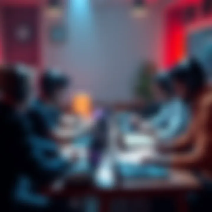 Game developers brainstorming A group of game developers discussing ideas with notes and laptops at a table