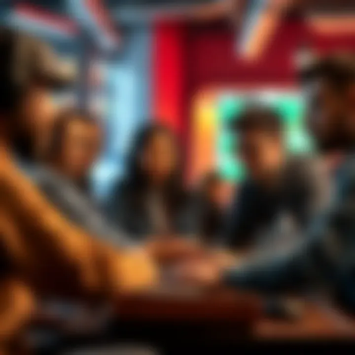 A diverse group of people working together on game design and coding, discussing ideas and sharing plans for a survival/crafting game