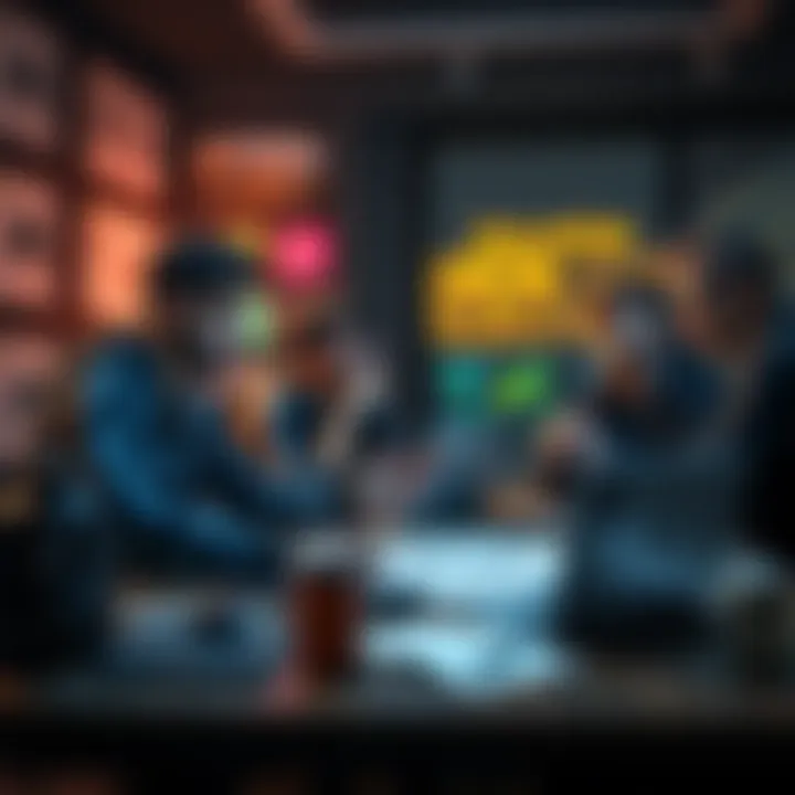 A group of game developers discussing ideas around a table with laptops and game concept sketches