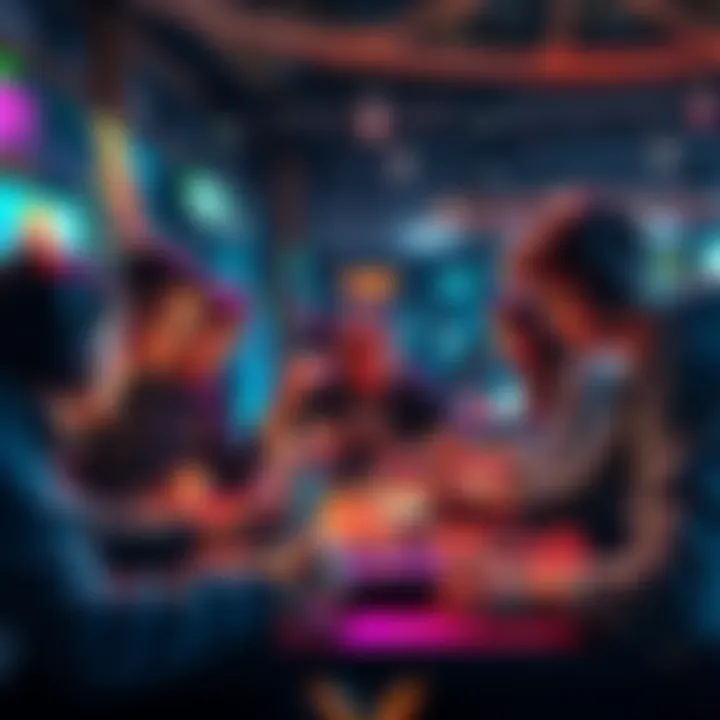 A group of game developers brainstorming ideas and working together on a project at a 12-hour game jam event.