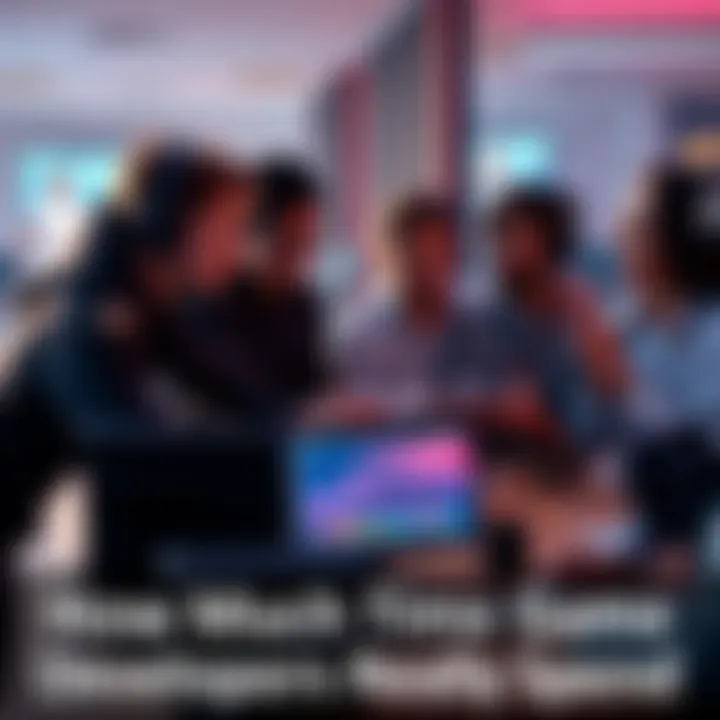 A group of game developers discussing their work on a project with notes and a computer in front of them