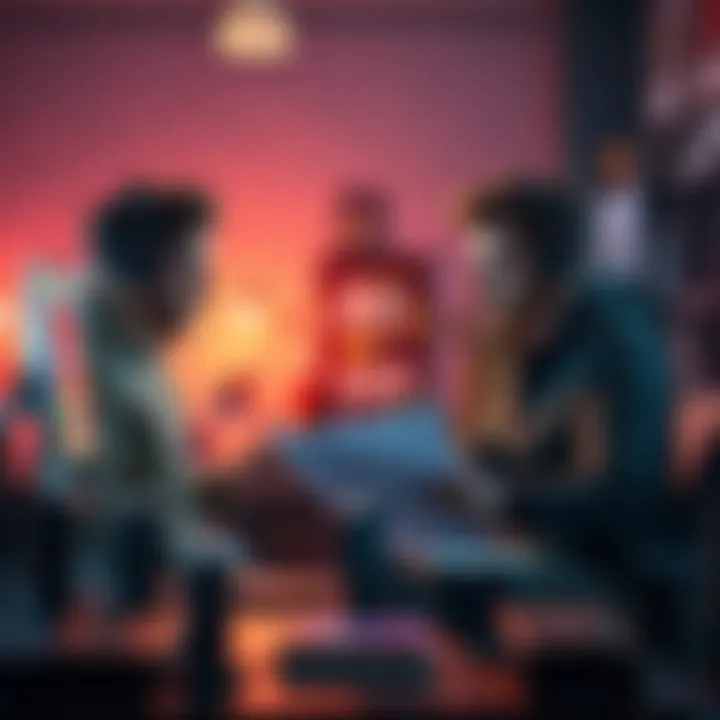 Two people working together on a game project, sharing ideas and sketches in a creative workspace
