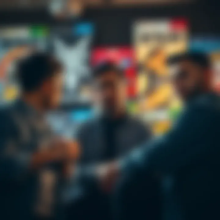 A group of game developers looking frustrated while discussing marketing tips, with failed game boxes in the background