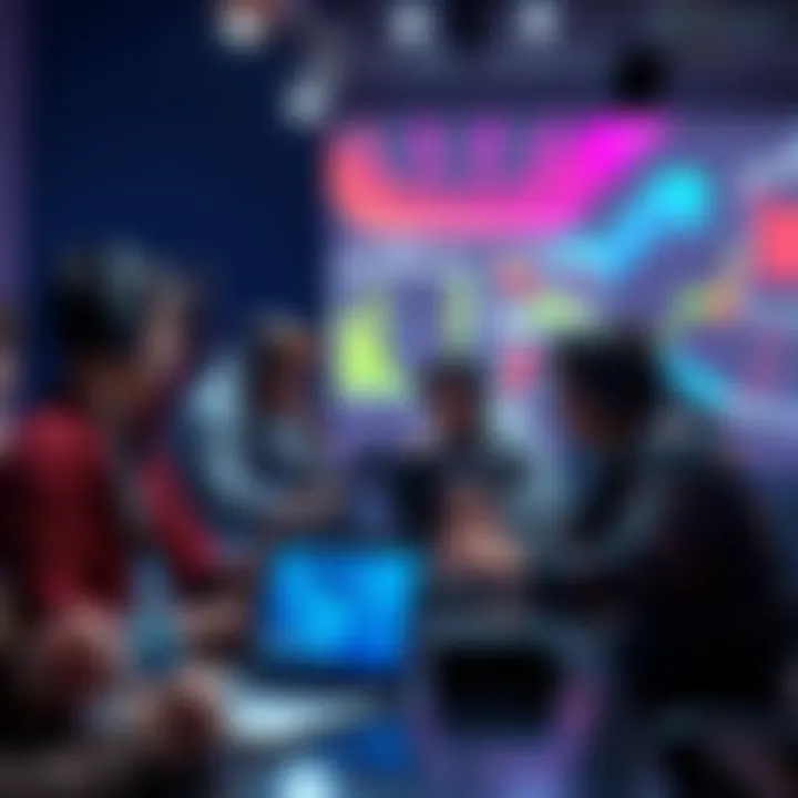 A group of game developers collaborating at a table, discussing performance optimization challenges for various platforms.