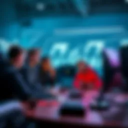 Group of game developers analyzing PC hardware and upgrade strategies in a meeting room