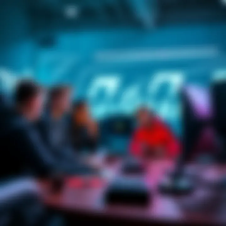 Group of game developers analyzing PC hardware and upgrade strategies in a meeting room