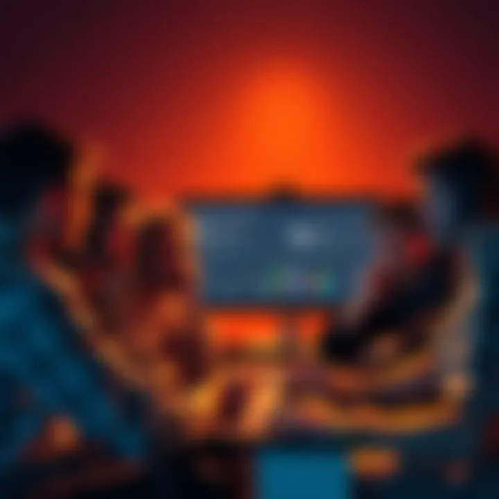 A group of game developers looking frustrated while discussing their game promotion strategies in front of a computer screen showing low engagement statistics on a forum.