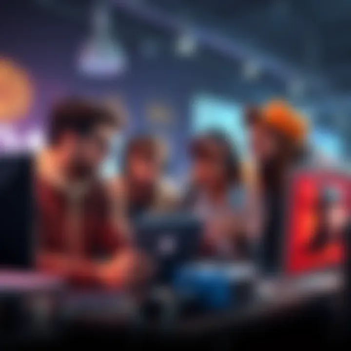 A group of game developers collaborating on RPG Maker, discussing ideas and designs for their projects