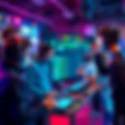A group of game developers showcasing their games on a user board, excitedly sharing feedback and ratings with each other.