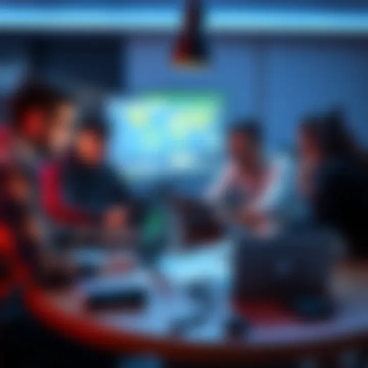 Game Developers Discuss Storytelling A group of game developers sharing ideas on storytelling techniques at a round table with laptops and sketches.