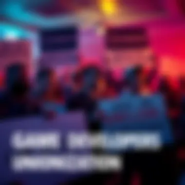 Game Developers Supporting Unionization A group of game developers holding signs that promote unionization and collective bargaining in the gaming industry