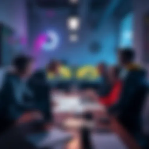 A group of game developers brainstorming ideas in a meeting room, surrounded by sketches and computers.