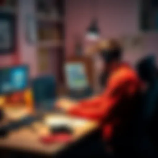An aspiring game developer sitting at a desk with a laptop, focused on coding, surrounded by game design sketches and tools.