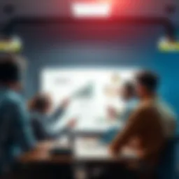 A group of game developers discussing creative ideas while analyzing market trends on a whiteboard.