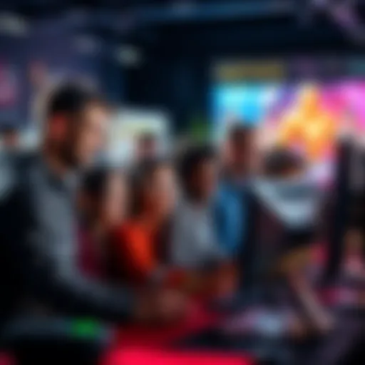 A group of diverse people collaborating on game design at a computer while brainstorming ideas.