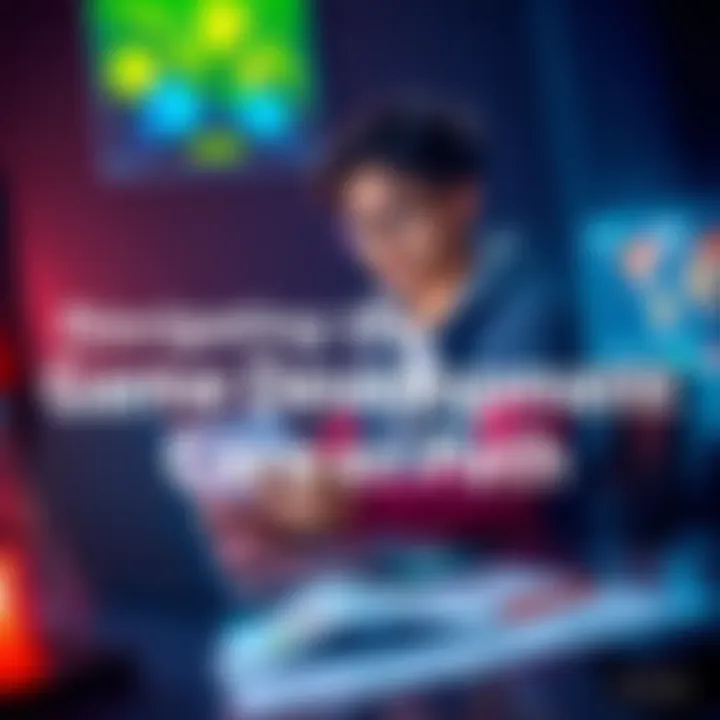 A young game developer reviewing their portfolio while sitting at a desk with a laptop and game design sketches around them