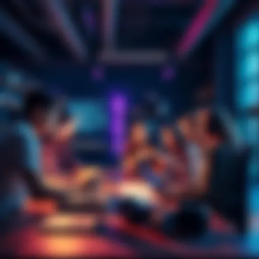 A group of people discussing various careers related to game development with laptops and sketches in a creative workspace