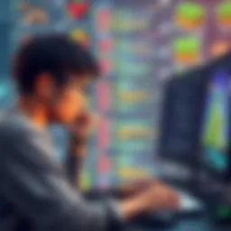 A frustrated beginner looking at a computer screen filled with code and game assets, feeling overwhelmed by game development concepts