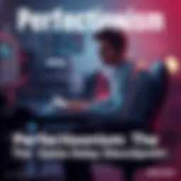 A game developer sitting at a desk with sketches and a computer, looking frustrated and overwhelmed by perfectionism