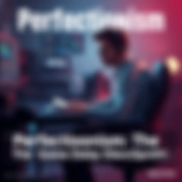 A game developer sitting at a desk with sketches and a computer, looking frustrated and overwhelmed by perfectionism