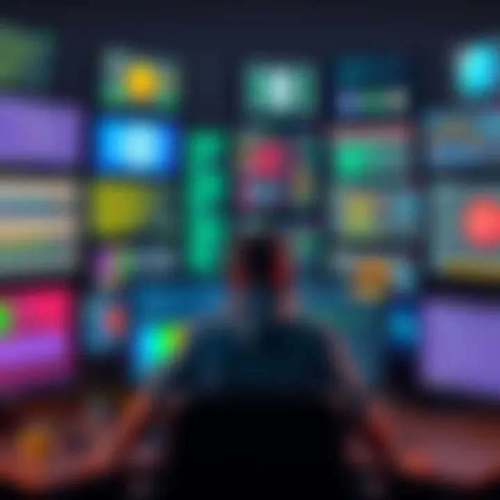 A solo developer sitting at a desk, surrounded by screens displaying various programming languages and game design tools, contemplating options for game jam.