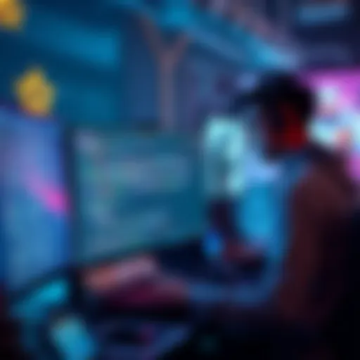 A programmer reviewing complex game code on a computer screen with game characters in the background, illustrating God-Classes and DeltaTime usage.
