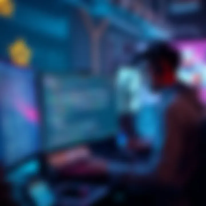 A programmer reviewing complex game code on a computer screen with game characters in the background, illustrating God-Classes and DeltaTime usage.