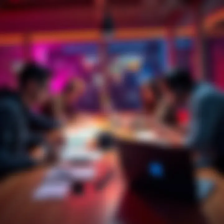 A group of people brainstorming game ideas together at a table with sketches and laptops