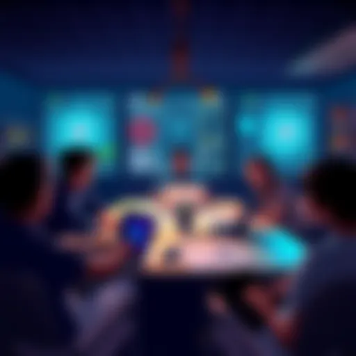 A person brainstorming game ideas with indie studio representatives at a table surrounded by sketches and laptops.