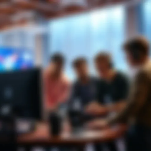 A group of beginners gathered around a computer, learning game development tools like Unreal and Blender together.