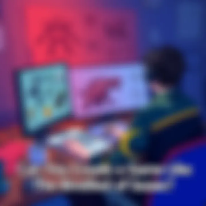 Game Development Concept An illustration showing a person designing a video game on a computer, with sketches of monsters and item icons around them.